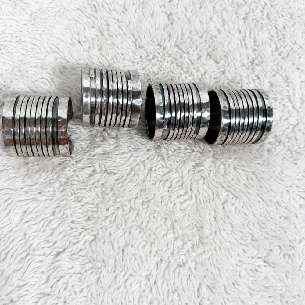 Vintage Silver Tone Napkin Rings Set of 4 Gothic Viking Medieval Hammered Metal